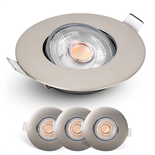 Emos LED Einbaustrahler 230V dimmbar, 4,9W / 480lm, 50° schwenkbar, warmweiß 2700K | Set mit 3 Stück Einbaustrahler LED Spot ultraflach, rund | Deckenspots LED dimmbar für Innenräume, Farbe silber von E EMOS