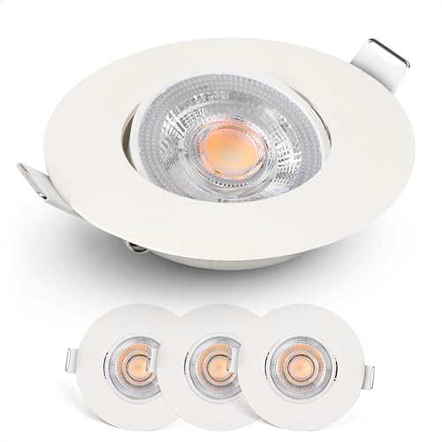 Emos LED Einbaustrahler 230V dimmbar, 4,9W / 480lm, 50° schwenkbar, warmweiß 2700K | Set mit 3 Stück Einbaustrahler LED Spot ultraflach, rund | Deckenspots LED dimmbar für Innenräume, Farbe weiß von E EMOS