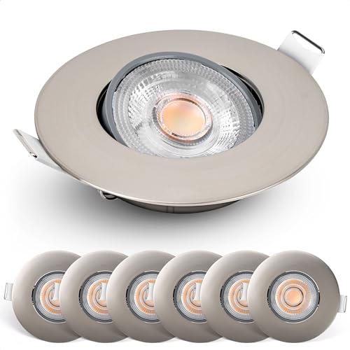 Emos LED Einbaustrahler 230V dimmbar, 4,9W / 480lm, 50° schwenkbar, warmweiß 2700K | Set mit 6 Stück Einbaustrahler LED Spot ultraflach, rund | Deckenspots LED dimmbar für Innenräume, Farbe silber von E EMOS