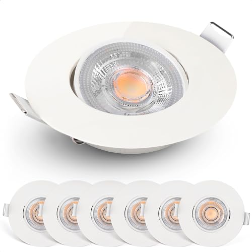 Emos LED Einbaustrahler 230V dimmbar, 4,9W / 480lm, 50° schwenkbar, warmweiß 2700K | Set mit 6 Stück Einbaustrahler LED Spot ultraflach, rund | Deckenspots LED dimmbar für Innenräume, Farbe weiß von E EMOS