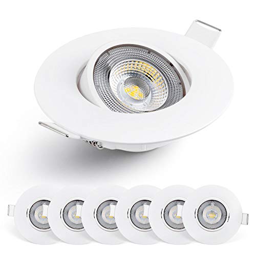 Emos LED Einbaustrahler 230V, 5W / 450lm, 50° schwenkbar, neutralweiß 4000k | Einbaustrahler LED Spot flach 68mm Lochmaß | Set mit 6 Stück LED Spots 230V, rund (Farbe weiß) von E EMOS