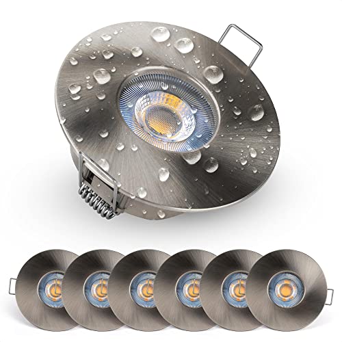 Emos LED Einbaustrahler 230V, 5W, 370lm | LED Spots IP44 Badezimmer, Feuchtraum, Außen | LED Spot warmweiß 3000k | Set mit 6 Stück Einbaustrahler LED flach 68mm Einbaumaß, rund, Farbe silber von E EMOS