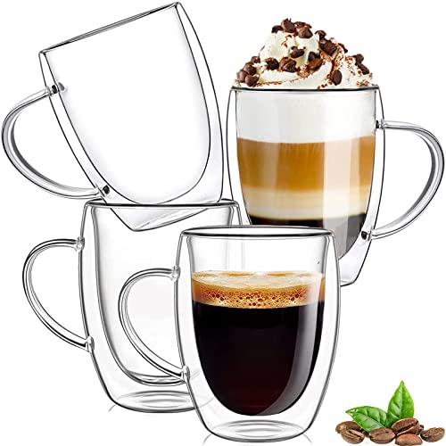 350ml Kaffeeglas Latte Macchiato Gläser mit Henkel, 4-Stück Teeglas Doppelwandige Gläser, Borosilikatglas Hitzebeständige Kaffeetassen Trinkgläser, Perfekt für Cappuccino, Americano, Tee und Getränke von E-Greetshopping
