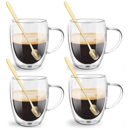 350ml Kaffeeglas Latte Macchiato Gläser mit Kaffeelöffel, 4-Stück Teeglas Doppelwandige Gläser, Borosilikatglas Hitzebeständige Kaffeetassen Trinkgläser, für Cappuccino, Americano,Tee und Getränke von E-Greetshopping