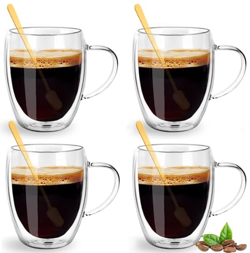 4-Stück Teeglaser Doppelwandige 350ml Kaffeeglas Latte Gläser mit Kaffeelöffel und Henkel, Borosilikatglas Hitzebeständige Kaffeetassen, Perfekt für Espresso, latte, Cappuccino, Tee, Macchiato von E-Greetshopping