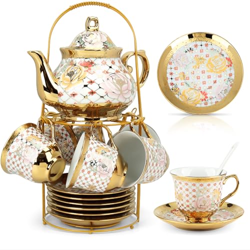 Porzellan-Teeset mit Metallhalter, europäisches Teeparty-Set für Erwachsene, Blumenmalerei, Teekanne, Tasse, Untertasse, Löffel, Set für 6 Personen (Gold), 20-teilig von E-Greetshopping