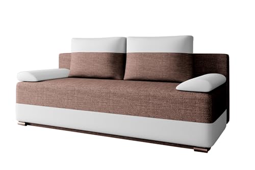 E-MEUBLES Schlafcouch Sofa Couch für Wohnzimmer Schlafsofa Federkern Sofagarnitur Polstersofa mit Schlaffunktion und Bettkasten - (BxHxT): 200x90x96cm - Atlanta (Braun + Weiß (Lawa 02 + Soft 17)) von E-MEUBLES