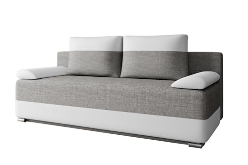 E-MEUBLES Schlafcouch Sofa Couch für Wohnzimmer Schlafsofa Federkern Sofagarnitur Polstersofa mit Schlaffunktion und Bettkasten - (BxHxT): 200x90x96cm - Atlanta (Grau + Weiß (Lawa 05 + Soft 17)) von E-MEUBLES