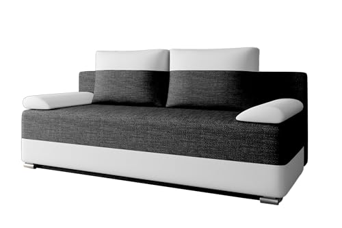 E-MEUBLES Schlafcouch Sofa Couch für Wohnzimmer Schlafsofa Federkern Sofagarnitur Polstersofa mit Schlaffunktion und Bettkasten - (BxHxT): 200x90x96cm - Atlanta (Schwarz + Weiß (Lawa 06 + Soft 17)) von E-MEUBLES