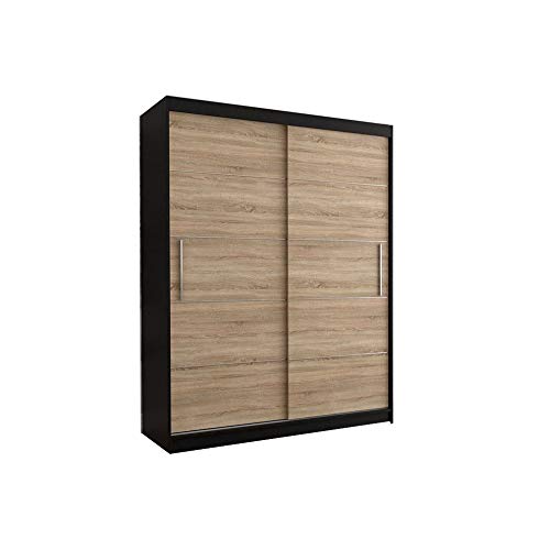 E-MEUBLES Kleiderschrank Schwebetürenschrank 2-türig Schrank mit vielen Einlegeböden und Kleiderstange Schiebetürenschrank Gaderobe Schiebtüren BxHxT 150x200x61 - Lara 06 (Schwarz + Sonoma) von E-MEUBLES