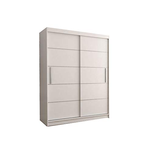 E-MEUBLES Kleiderschrank Schwebetürenschrank 2-türig Schrank mit vielen Einlegeböden und Kleiderstange Schiebetürenschrank Gaderobe Schiebtüren BxHxT 150x200x61 - Lara 06 (Weiß) von E-MEUBLES