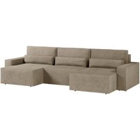 Ecksofa aus Cord-Velours, Sofa für Wohnzimmer, wandelbares Sofa mit Stauraum, U-förmiges Sofa mit Schlaffunktion – denver mini u (Dunkelbeige – Poso von E-MEUBLES