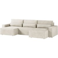 Ecksofa aus Cord-Velours, Sofa für Wohnzimmer, wandelbares Sofa mit Stauraum, U-förmiges Sofa mit Schlaffunktion – denver mini u (Weiß – Poso 38) von E-MEUBLES