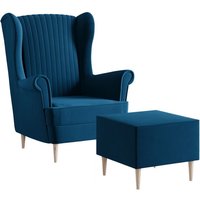 Gepolsterter Samtsessel - Loungesessel - Samtsessel für Wohnzimmer oder Schlafzimmer - Sessel mit Hocker - Blau (Manila 25) von E-MEUBLES