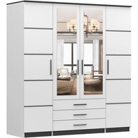 Kleiderschrank mit 3 Schubladen Drehtürenschrank Falttürenschrank mit Spiegel 4-türig Schrank mit Einlegeböden und Kleiderstange Gaderobe 200x61x208 von E-MEUBLES