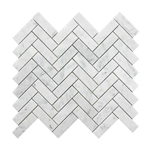 E-MosaicTile Fischgrät Marmor Mosaikfliese Küche Backsplash Bad Wandfliesen Bodenfliesen Carrara-weißer Marmorstein Glänzendes Finish, 2 Stück von E-MosaicTile