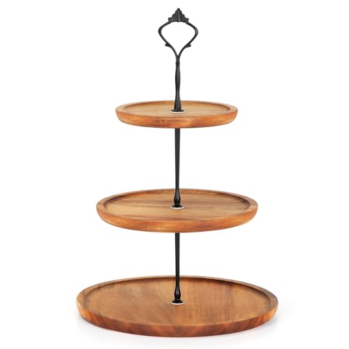 E-ROOM TREND Etagere Tortenständer/Cupcake Ständer aus Holz | Kuchenplatte Kuchenständer Halter Turm Servierständer mit Metallgriff | für Geburtstag Nachmittagstee Party Hochzeit (MDP1BN) | 3 Etagen von E-ROOM TREND