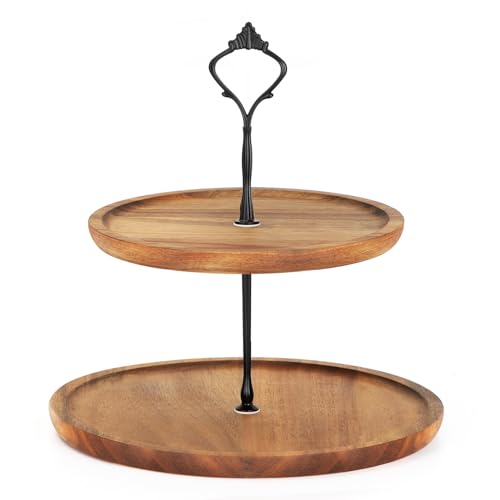 E-ROOM TREND Etagere Tortenständer/Cupcake Ständer aus Holz | Kuchenplatte Kuchenständer Halter Servierständer mit Metallgriff | für Geburtstag Nachmittagstee Hochzeit Party (MDP02L) | 2 Etagen | Groß von E-ROOM TREND