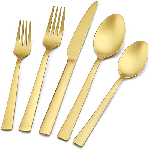 20-teiliges Besteck-Set, mattes Gold, E-far Edelstahl Besteck-Set Service für 4, Metallbesteck, Essutensilien, Geschirr inklusive Gabeln/Löffel/Messer, quadratischer Rand von E-far