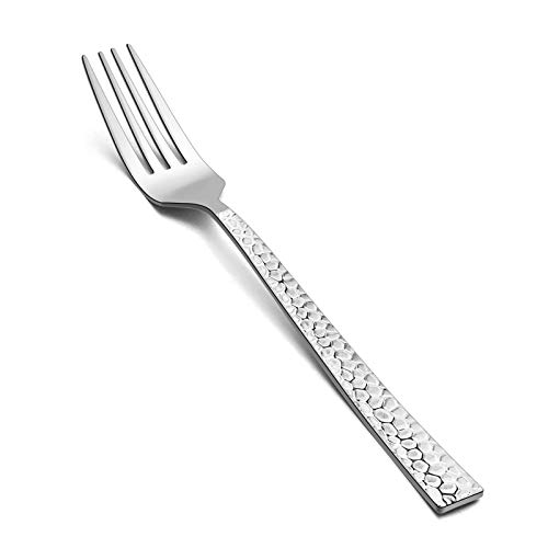 E-far 12-teiliges gehämmertes Tafelgabel-Set, 20 cm, Edelstahl-Gabeln für Zuhause, Küche oder Restaurant, ungiftig und hochglanzpoliert, quadratischer Rand, spülmaschinenfest von E-far