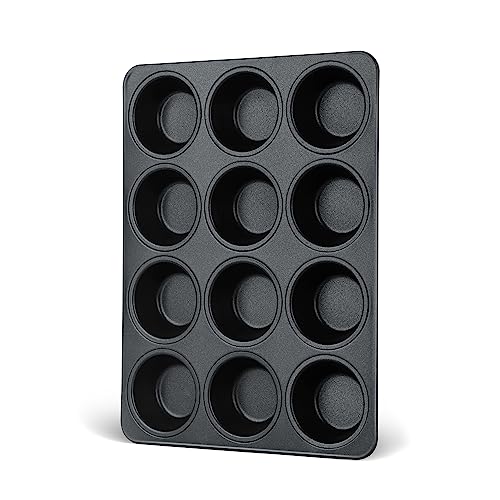 E-far Antihaftbeschichtete Muffin-Pfannen, 12 Tassen, Edelstahl-Muffin-Blech, Cupcake-Pfanne zum Backen, Edelstahlkern & ungiftig, leicht zu lösen und zu reinigen, Schwarz von E-far