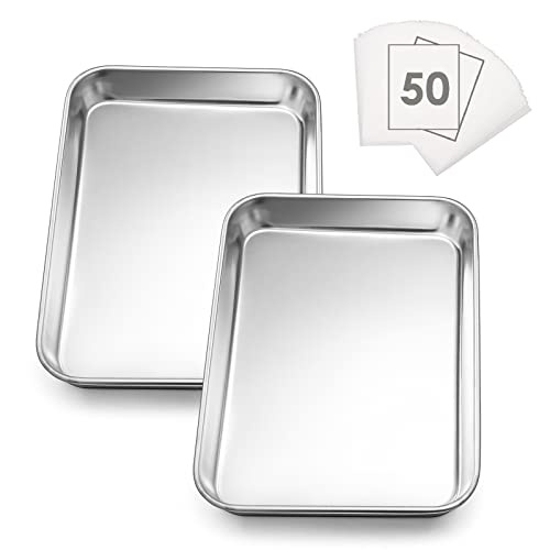 E-far Backblech-Set, 2 Stück, 26,7 x 21,1 cm, Edelstahl-Keksblech-Pfanne für Toaster-Ofen mit 50 Pergamentpapier, rechteckiges Backblech zum Kochen, rostfrei und robust, spülmaschinenfest von E-far