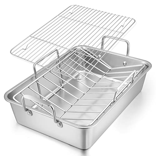E-far Bräter aus Edelstahl, 40,6 x 29,8 cm, mit V-förmigem und flachem Gestell, ungiftig und robust, tiefe Bratpfanne, spülmaschinenfest, groß von E-far