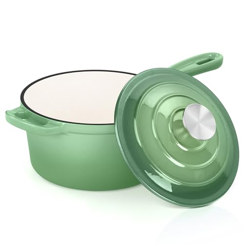 E-far Emaillierte Gusseisen-Saucenpfanne, 2 Quart Dutch Oven Stielkasserolle mit Deckel, kleiner Soßentopf zum Kochen, Kochen, Gesund & Ungiftig, Induktion & Ofenfest, Pistaziengrün von E-far