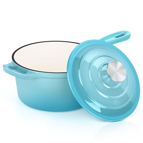 E-far Emaillierte Gusseisen-Saucenpfanne, 2 Quart Dutch Oven Stielkasserolle mit Deckel, kleiner Soßentopf zum Kochen, Kochen, Gesund & Ungiftig, Induktions- & Ofenfest, Hellblau von E-far