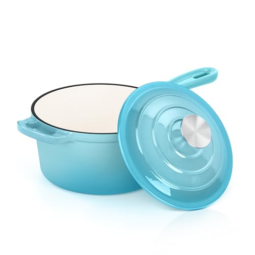 E-far Emaillierte Gusseisen-Saucenpfanne mit Deckel, 1 Quart Dutch Oven Stielkasserolle, Mini-Saucentopf zum Kochen, Kochen, Gesund & Ungiftig, Induktion & Ofenfest, Hellblau von E-far
