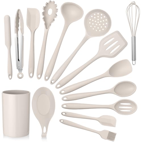 E-far Küchenutensilien-Set, 15-teiliges Silikon-Kochutensilien-Set mit Halter, antihaftbeschichtetes Kochgeschirr freundlich & hitzebeständig, inklusive Schöpflöffel, Spatel, Löffel, Schlitzwender zum von E-far