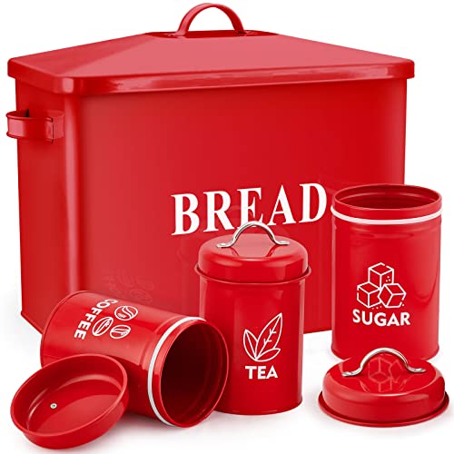 E-far Rote Brotbox mit Kanister-Sets für Küchenarbeitsplatte, Metall-Brotkasten, Vintage-Stil und extra groß – für 2+ Brote Zucker, Kaffee und Tee von E-far