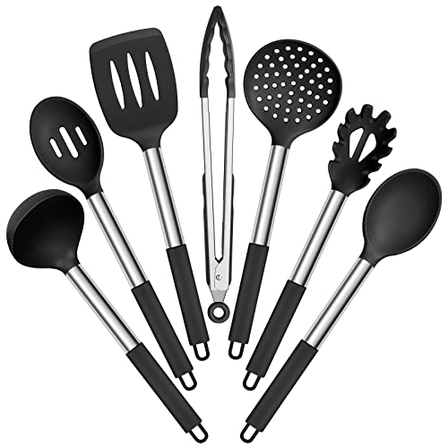 E-far Silikon-Kochutensilien-Set, 7-teilig, hitzebeständige Küchenutensilien mit Edelstahlgriff, geschlitzter Pfannenwender, Löffel, Suppenkelle, Zange für antihaftbeschichtetes Kochgeschirr, schwarz von E-far
