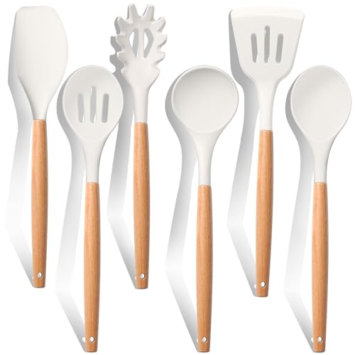 E-far Weißes Kochutensilien-Set, 6er-Set, Silikon-Küchenutensilien mit Holzgriff, antihaftbeschichtet, Kochgeschirrfreundlich & hitzebeständig, inklusive Pfannenwender, Schöpflöffel, Schlitzwender, von E-far
