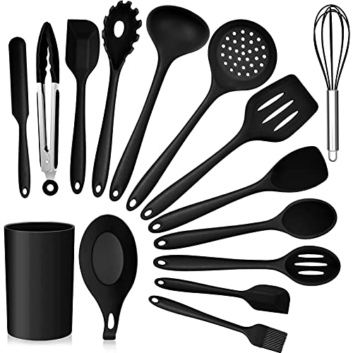 Küchenutensilien-Set, E-far 15-teiliges Silikon Kochutensilien mit Halter, Inklusive Schöpflöffel, Pfannenwender Schlitzwender zum Kochen & Backen (Schwarz) von E-far