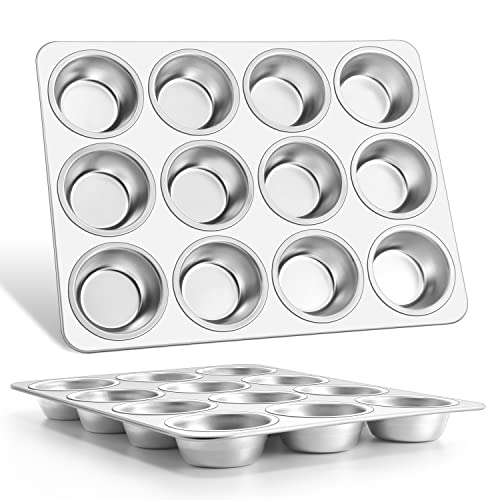 Muffinform für 12 Tassen, E-far Edelstahl, Cupcake-Pfanne, Metall, Muffin-Backformen für Ofen, normale Größe und leicht zu reinigen, ungiftig und spülmaschinenfest, 2 Stück von E-far