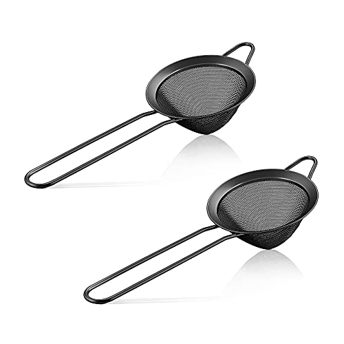 Schwarzes kleines Sieb 2er Set, E-far 3,3 Zoll Edelstahl Feinmaschiges Sieb mit langem Griff, Metall Konische Siebe für Tee Cocktail Kaffee Lebensmittel, rostfrei & leicht zu reinigen von E-far