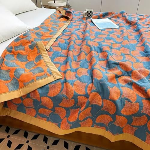 E-yimeng Tagesdecke 220x240 Sofa überzug Tri Musselin Baumwolle Vielseitige Wohndecke als Bettüberwurf oder Sofaüberwurf Steppdecke Leichte Weiche Gesteppte Decke Ginkgo Biloba Blau(ohne Kissenbezug) von E-yimeng