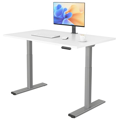 E.For.U® höhenverstellbarer Schreibtisch 140x80 cm, 2 Motoren, elektrisch höhenverstellbares Tischgestell mit 2-Fach-Teleskop, Memory-Steuerung (Silber), DT20L mit Tischplatte (Weiß) von E.For.U