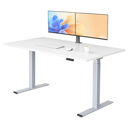 E.For.U® höhenverstellbarer Schreibtisch 160x80 cm, 2 Motoren, elektrisch höhenverstellbares Tischgestell mit 2-Fach-Teleskop, Memory-Steuerung (Silber), DT20L mit Tischplatte (Weiß) von E.For.U
