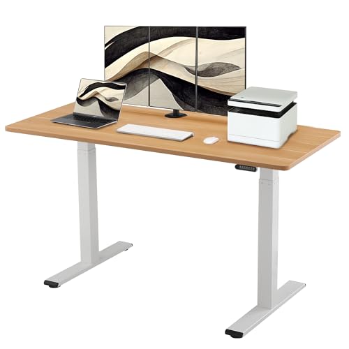E.For.U® höhenverstellbarer Schreibtisch 180x80 cm, 2 Motoren, elektrisch höhenverstellbares Tischgestell mit 2-Fach-Teleskop, Memory-Steuerung (Weiß), DT20L mit Tischplatte (Buche) von E.For.U