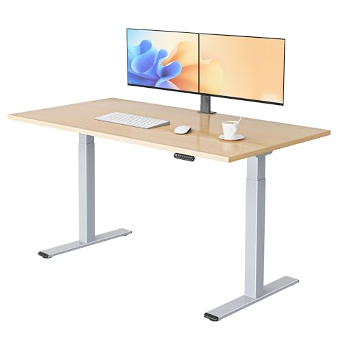 E.For.U® höhenverstellbarer Schreibtisch 160x80 cm, 2 Motoren, elektrisch höhenverstellbares Tischgestell mit 2-Fach-Teleskop, Memory-Steuerung (Silber), DT20L mit Tischplatte (Buche) von E.For.U