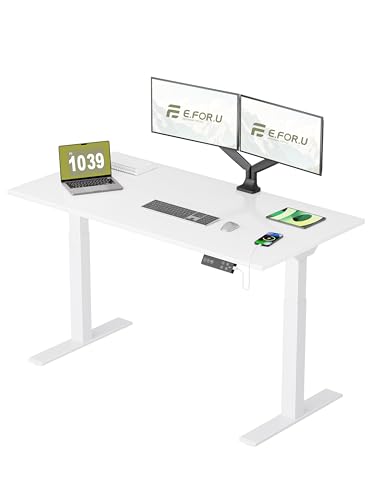 E.For.U® höhenverstellbarer Schreibtisch 160x80 cm, elektrischer Schreibtisch 2 Motoren, höhenverstellbares Tischgestell (Weiß) mit 2-Fach-Teleskop, 4 Speicherpositionen, DT20L mit Tischplatte (Weiß) von E.For.U