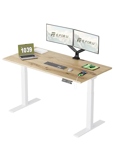 E.For.U® Höhenverstellbarer Schreibtisch 160x80 cm, 2 Motoren, Stabiler Schreibtisch Höhenverstellbar Elektrisch mit 2-Fach-Teleskop, 4 Memory-Steuerung, Mit Tischplatte (Weiß + Asteiche) von E.For.U