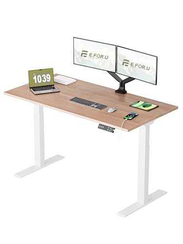 E.For.U® Höhenverstellbarer Schreibtisch 160x80 cm, 2 Motoren, Stabiler Schreibtisch Höhenverstellbar Elektrisch mit 2-Fach-Teleskop, 4 Memory-Steuerung, Mit Tischplatte (Weiß + Nussbaum) von E.For.U