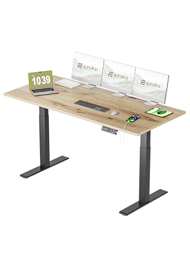 E.For.U® Höhenverstellbarer Schreibtisch 180x80 cm, 2 Motoren, Stabiler Schreibtisch Höhenverstellbar Elektrisch mit 2-Fach-Teleskop, 4 Memory-Steuerung, Mit Tischplatte (Schwarz + Asteiche) von E.For.U