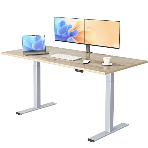 E.For.U® Höhenverstellbarer Schreibtisch 180x80 cm, 2 Motoren, Stabiler Schreibtisch Höhenverstellbar Elektrisch mit 2-Fach-Teleskop, 4 Memory-Steuerung, Mit Tischplatte (Silber + Asteiche) von E.For.U