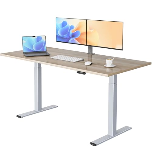 E.For.U® Höhenverstellbarer Schreibtisch 180x80 cm, 2 Motoren, Stabiler Schreibtisch Höhenverstellbar Elektrisch mit 2-Fach-Teleskop, 4 Memory-Steuerung, Mit Tischplatte (Silber + Nussbaum) von E.For.U