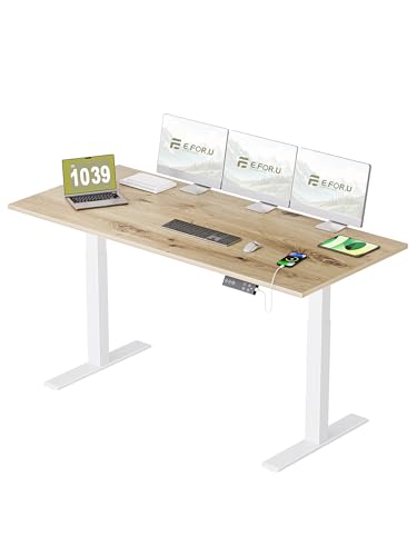 E.For.U® Höhenverstellbarer Schreibtisch 180x80 cm, 2 Motoren, Stabiler Schreibtisch Höhenverstellbar Elektrisch mit 2-Fach-Teleskop, 4 Memory-Steuerung, Mit Tischplatte (Weiß + Asteiche) von E.For.U