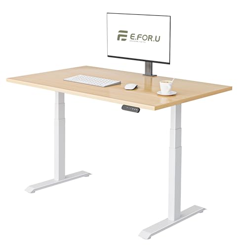 E.For.U® Höhenverstellbarer Schreibtisch Elektrisch 140x80cm - Ergonomischer Steh-Sitz Tisch Verstellbarer, Computertisch Bürotisch Stehschreibtisch, 2 Motoren 3-Fach Teleskop (Holz+Weiß) von E.For.U